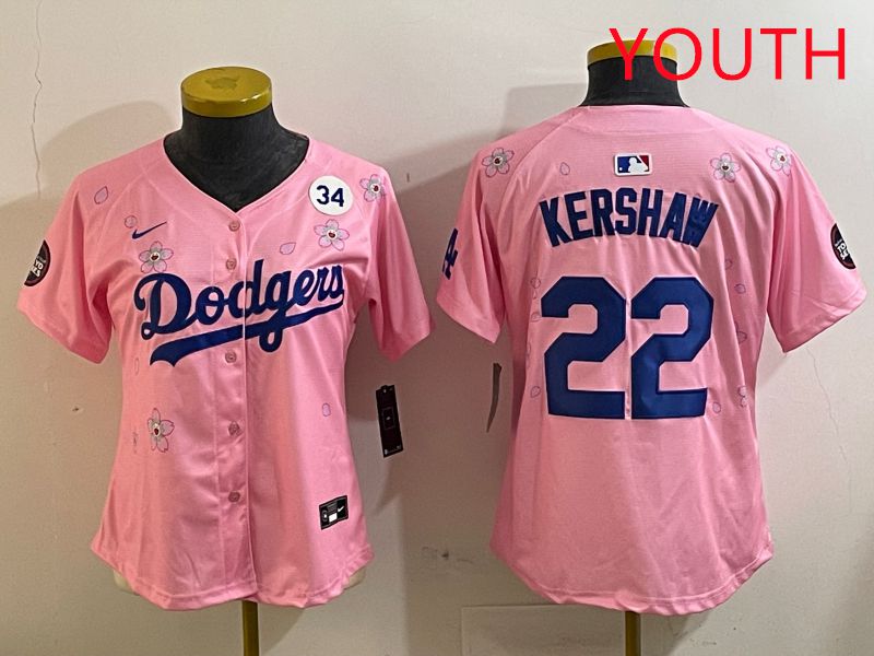 Youth Los Angeles Dodgers #22 Kershaw Pink White Blue Sakura Edition 2025 Nike MLB Jersey style 8